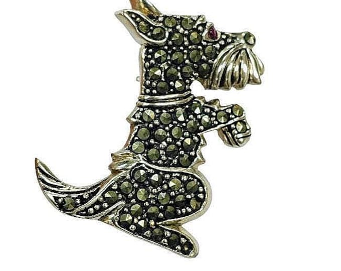 Antique Inspired Marcasite Scottie Dog Brooch Ruby Eye 925 Sterling Silver