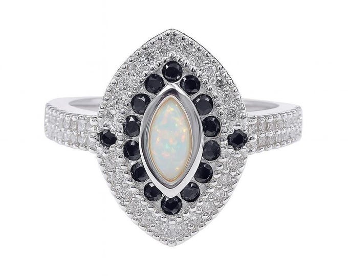 Gilson Opal and CZ Diamond Round Ring 925 Sterling Silver