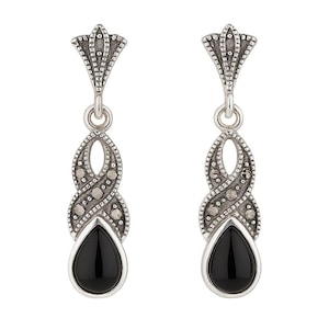 May include: A pair of silver-toned drop earrings. Each earring features a decorative top, a twisted, openwork design with small, embedded stones, and a teardrop-shaped black stone at the bottom. The earrings are designed to dangle.