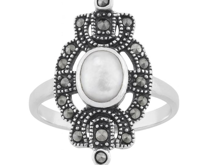 Vintage Style Sterling Silver Filigree Ring with Mother of Pearl and Marcasite Accents Art Deco Statement Jewelry