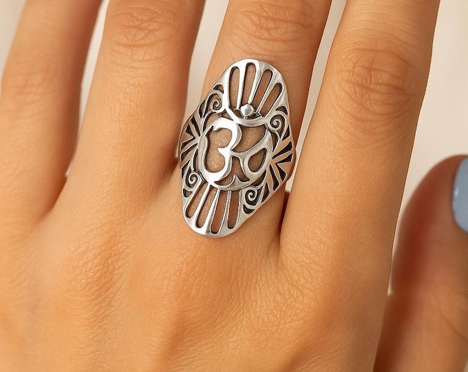925 Sterling Silver Om Symbol Ring Spiritual Yoga Jewelry Hindu Sanskrit Aum Statement Band for Men & Women