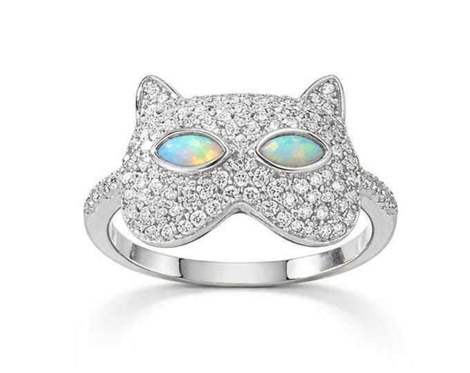 Gilson Opal Cat Ring in Sterling Silver, Sparkling Pave Kitty Ring, Unique Cat Lover Gift