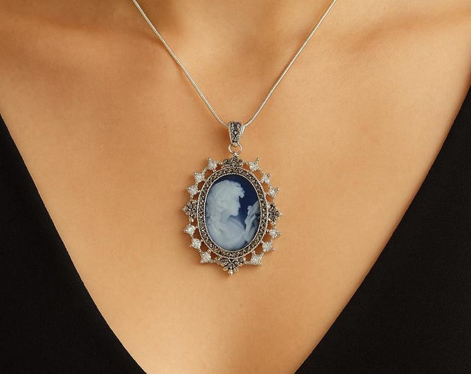 Vintage Style Silver Plated Cameo Pendant Necklace Oval Lady Profile with Marcasite and CZ Accents Victorian Inspired Statement Jewelry