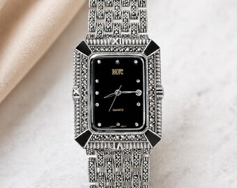 Vintage Marcasite Sterling Silver Bracelet Watch, Elegant Women’s Dress Watch