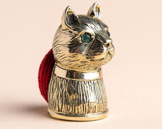 Antique Inspired Cat Head Pin Cushion Emerald Eyes 925 Sterling Silver