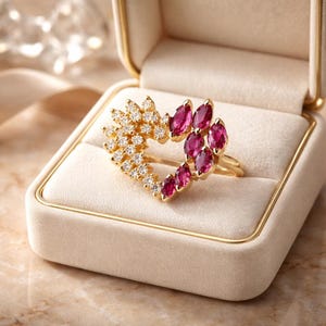 Anello a cuore aperto con rubino e diamanti in oro giallo 14 carati