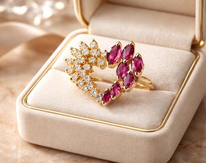 Open Heart Ruby and Diamond Ring 14K Yellow Gold