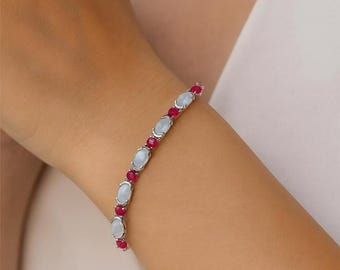 Sterling Silver Gilson Opal Tennis Bracelet, Emerald, Ruby, Topaz
