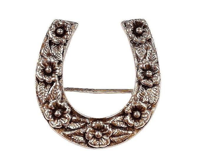 Antique Inspired Floral Horse Shoe Pendant Brooch 925 Sterling Silver Horse Lover Gift