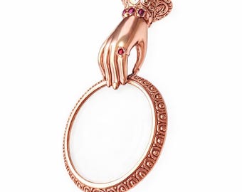 Antique Nouveau Inspired Collectable Ruby Hand Magnifying Glass Rose Gold