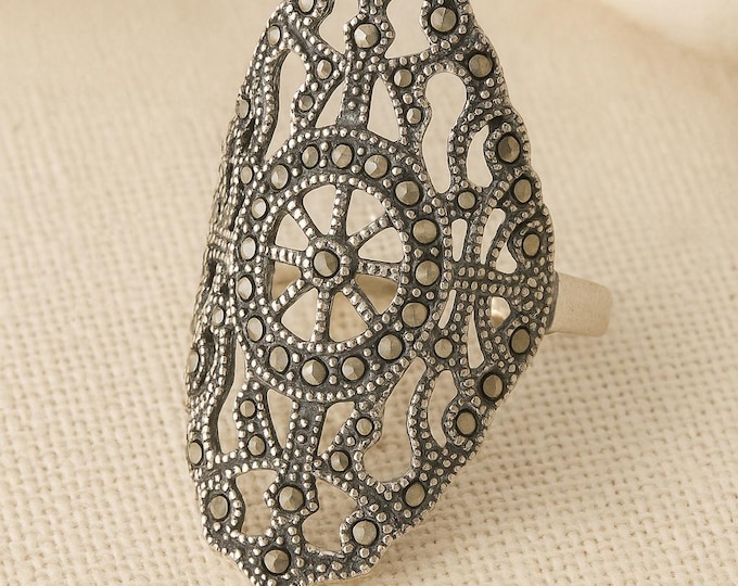 Vintage Style Sterling Silver Filigree Ring with Marcasite Accents Art Deco Statement Jewelry