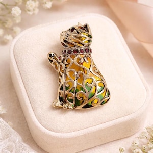 Broche de gatito de gato rubí con Plique a Jour de esmalte de inspiración antigua, plata de ley 925