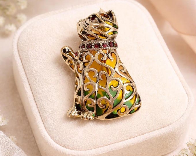 Antique Inspired Enamel Plique a Jour Ruby Cat Kitten Brooch 925 Sterling Silver