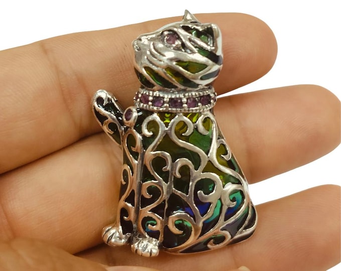 Antique Inspired Enamel Plique a Jour Ruby Cat Kitten Pendant Brooch 925 Sterling Silver