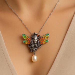 Jugendstil inspirierte Emaille Plique a Jour Perle Anhänger Brosche 925 Sterling Silber