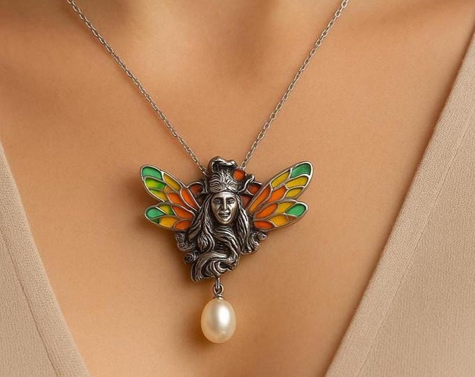 Art Nouveau Inspired Enamel Plique a Jour Pearl Pendant Brooch 925 Sterling Silver