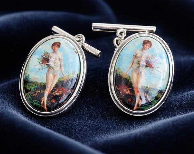 Vintage Erotic Enamel Cufflinks Nude Lady with Rose Oval Silver T-Bar Cuff Links Retro Art Nouveau Gentleman’s Accessories