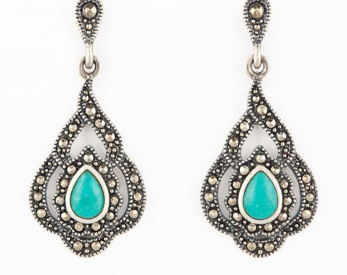 925 Sterling Silver Teardrop Earrings with Marcasite, Turquoise, Onyx and Mother of Pearl Vintage Art Deco Dangle Earrings