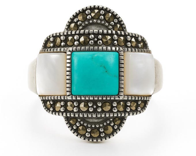 Vintage Style Sterling Silver Ring with Turquoise and Mother of Pearl Inlay Art Deco Statement Jewelry Gift for Her