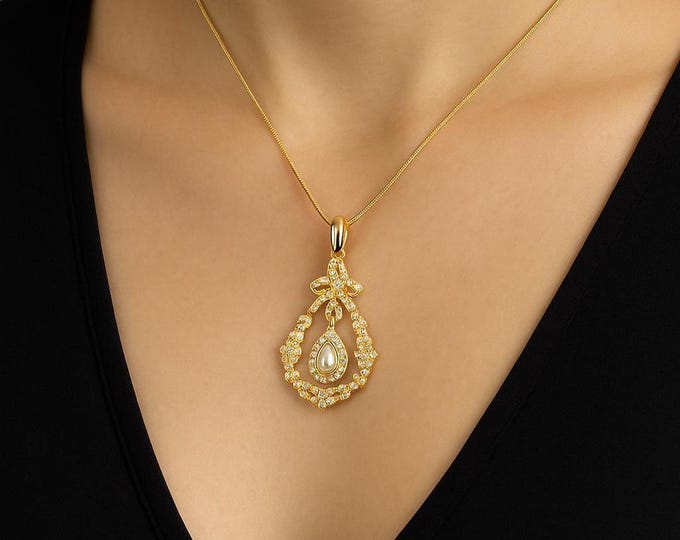 925 Sterling Silver Opal Pendant with 14ct Gold Plating Vintage Style Teardrop Necklace with Cubic Zirconia Accents