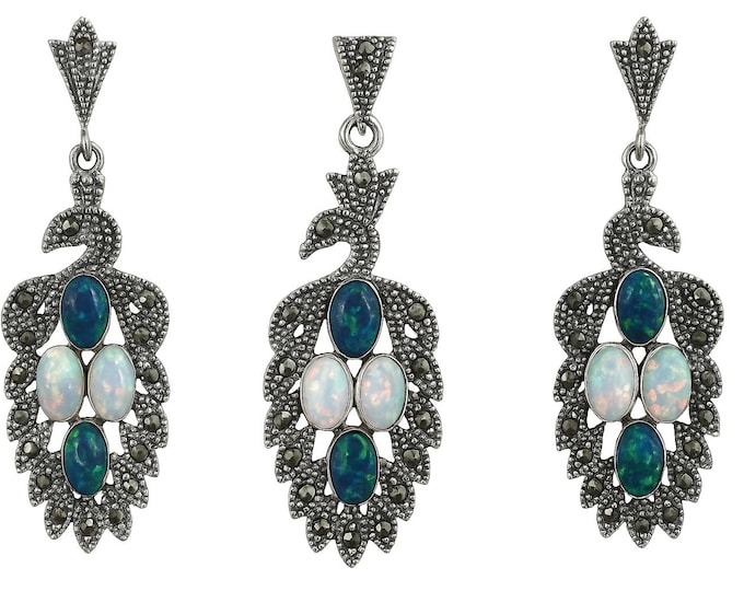 Art Deco Inspired Gilson Opal and Marcasite Peacock 925 Sterling Silver Earrings and Pendant Set