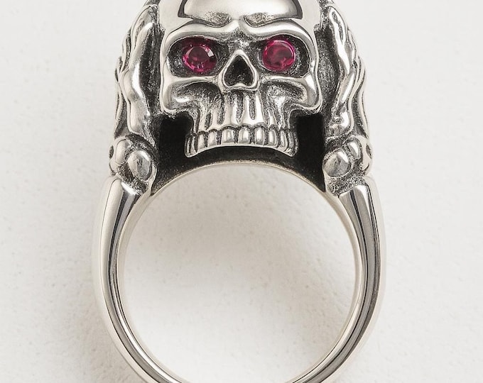 Skull Skeleton Ruby Eyes Ring 925 Sterling Silver Hallmarked