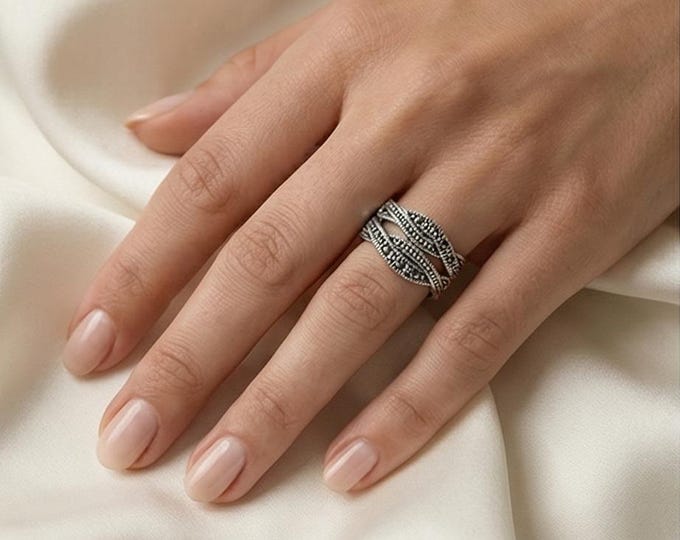 Vintage Style Sterling Silver Ring with Marcasite Accents Art Deco Statement Jewelry