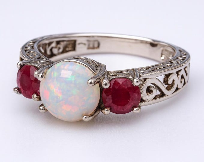 Art Nouveau Inspired Ruby and White Gilson Opal Ring 925 Sterling Silver