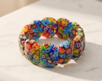 Millefiori Glass Stretch Bracelet, Floral Venetian Jewelry