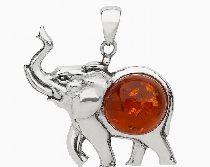 Sterling Silver Elephant Pendant with Honey Amber Gemstone Lucky Elephant Necklace Amber Jewelry Gift for Women