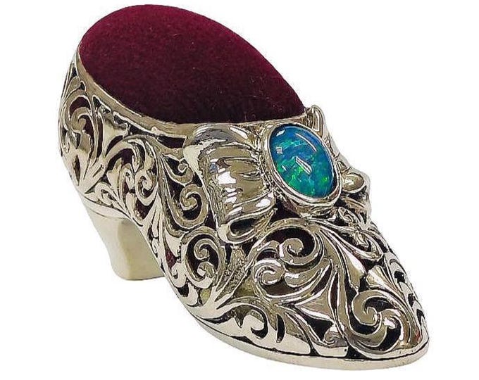 Art Nouveau Inspired Collectable Filigree Opal and Ruby Shoe Pin Cushion 925 Sterling Silver