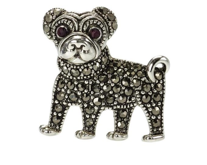 Antique Inspired Marcasite Pug Dog Brooch Ruby Eye Collectable 925 Sterling Silver Dog Lover Gift
