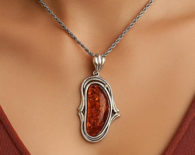 Art Nouveau Inspired Green and Honey Amber Pendant 925 Sterling Silver