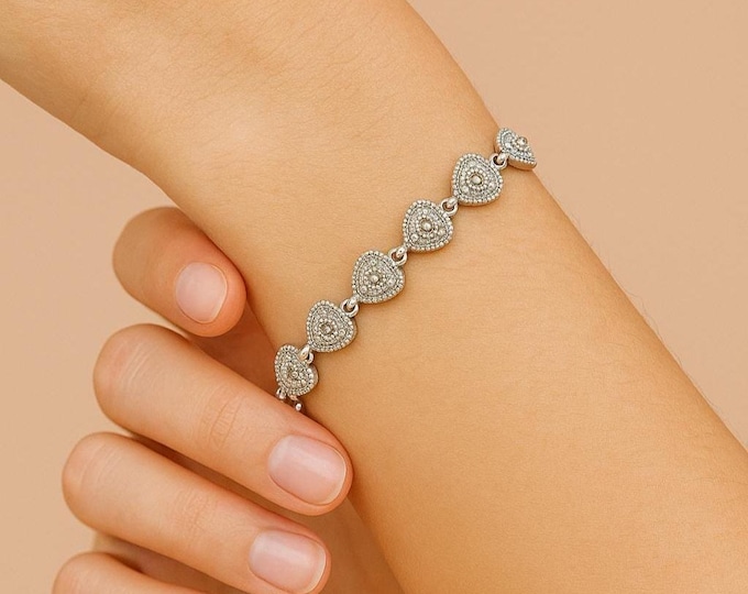 Vintage Style Marcasite Heart Link Bracelet, 925 Sterling Silver
