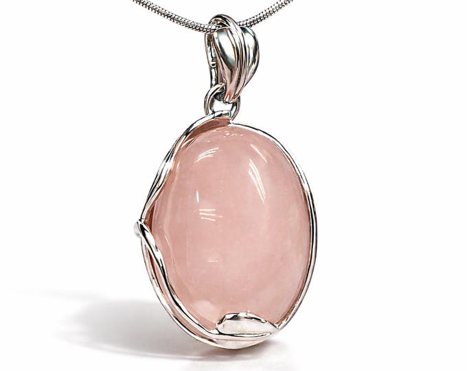 Art Nouveau Inspired Rose Quartz Leaf Pendant 925 Sterling Silver