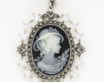 Sterling Silver Plated Cameo Pendant Necklace: Marcasite & CZ Accents