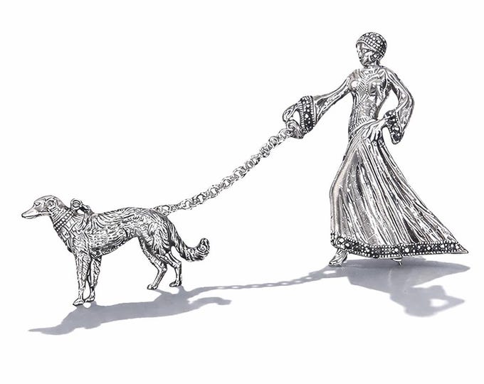 Antique Inspired Lady Walking Borzoi Dog Brooch 925 Sterling Silver