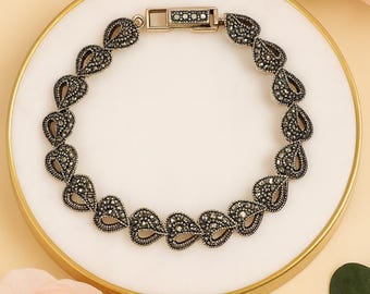 Vintage Style 925 Sterling Silver Link Bracelet with Marcasite Stones Elegant Art Deco Jewelry Gift for Her