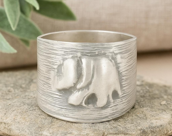 925 Sterling Silver Elephant Ring Adjustable Wide Band, Textured Boho Cuff Ring, Lucky Elephant Jewelry, Artisan Animal Ring for Women