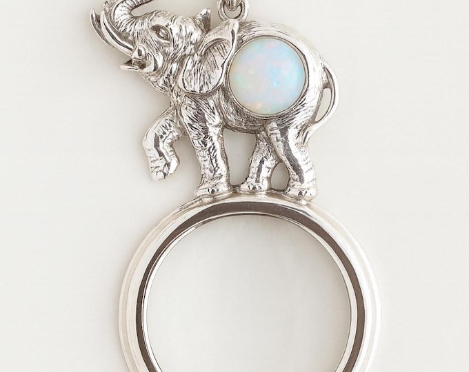 Antique Inspired Collectable White Gilson Opal Elephant Magnifying Glass Pendant 925 Sterling Silver