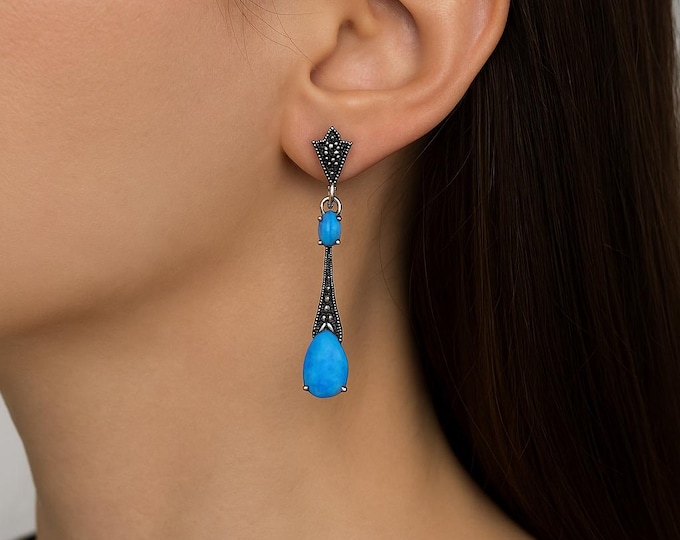 925 Sterling Silver Marcasite Drop Earrings with Blue Gilson Opal Teardrop and Oval Stones, Vintage Art Deco Dangle Jewelry