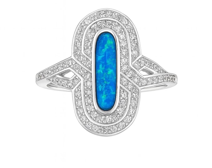 Gilson Opal and CZ Diamond Ring 925 Sterling Silver