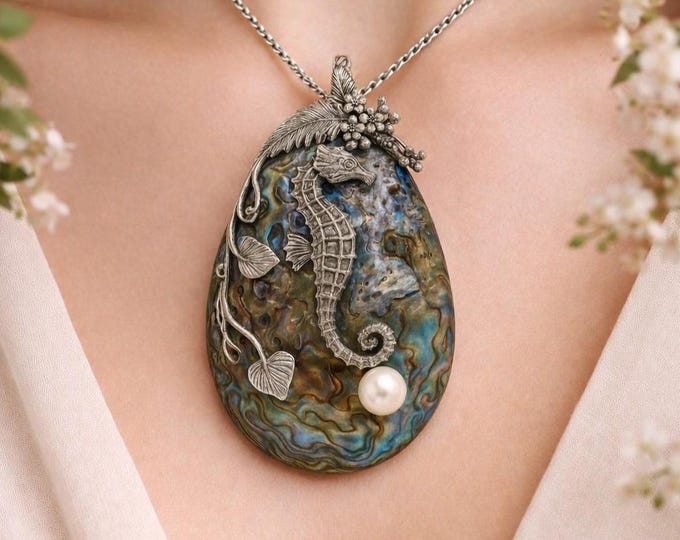 Art Nouveau Inspired Abalone Seahorse Freshwater Pearl Pendant 925 Sterling Silver