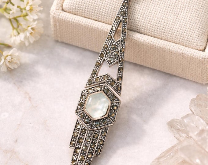 Art Deco Inspired Mother of Pearl, Coral, Onyx, Turquoise and Marcasite Pendant 925 Sterling Silver