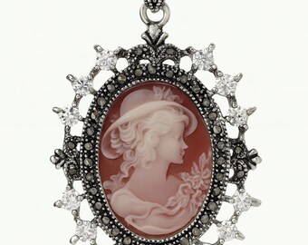 Silver Plated Cameo Pendant Necklace, Marcasite & CZ Victorian Jewelry