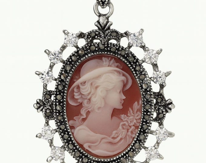 Vintage Style Silver Plated Cameo Pendant Necklace Oval Lady Profile with Marcasite and CZ Accents Victorian Inspired Statement Jewelry