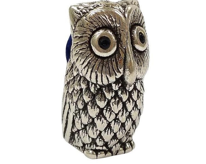 Sterling Silver Owl Pin Cushion with Sapphire Eyes & Blue Velvet Top Vintage Style Sewing Accessory, Collectible Gift for Sewists
