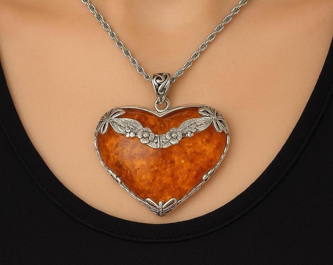 Art Nouveau Inspired Floral Honey Amber Butterfly Heart Pendant 925 Sterling Silver