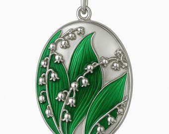 Art Nouveau Lily of the Valley Enamel Locket, 925 Sterling Silver