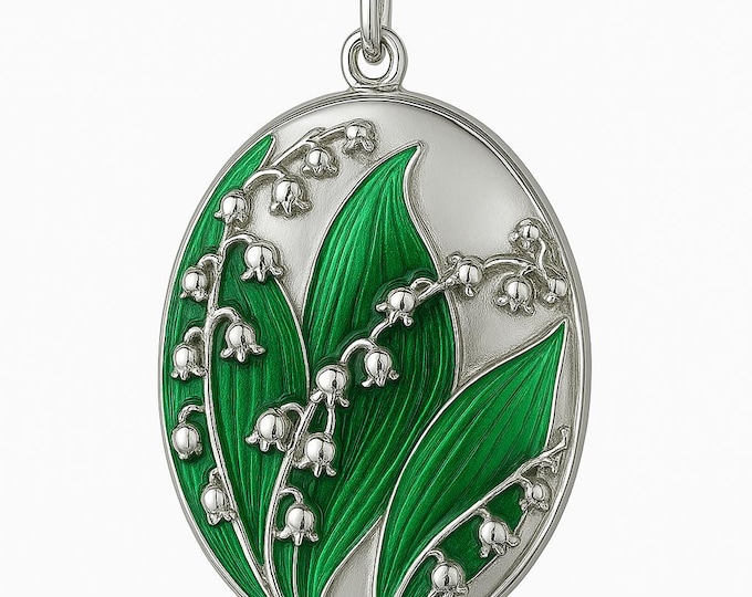 Art Nouveau Lily of the Valley Enamel Locket, 925 Sterling Silver